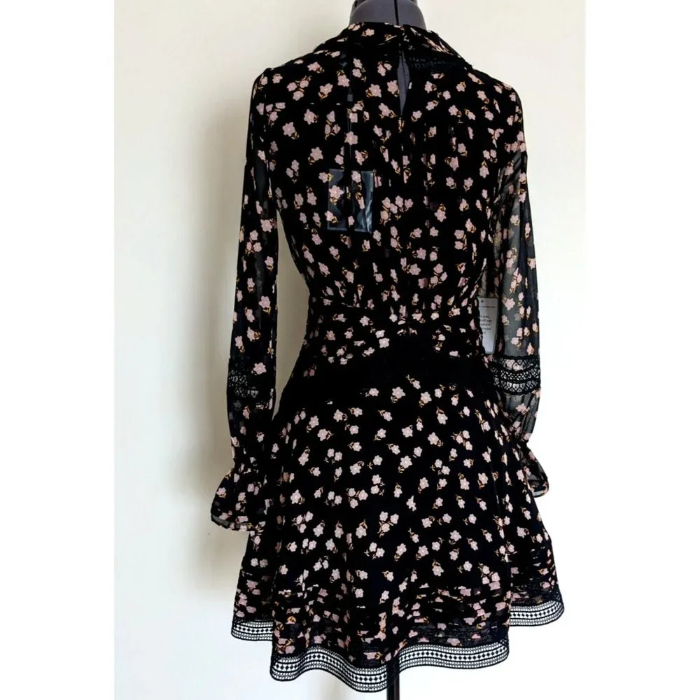 Self Portrait Twist Front Ditsy Mini Dress Floral Black Long Sleeve Size 8 BNWT - Picture 6 of 10